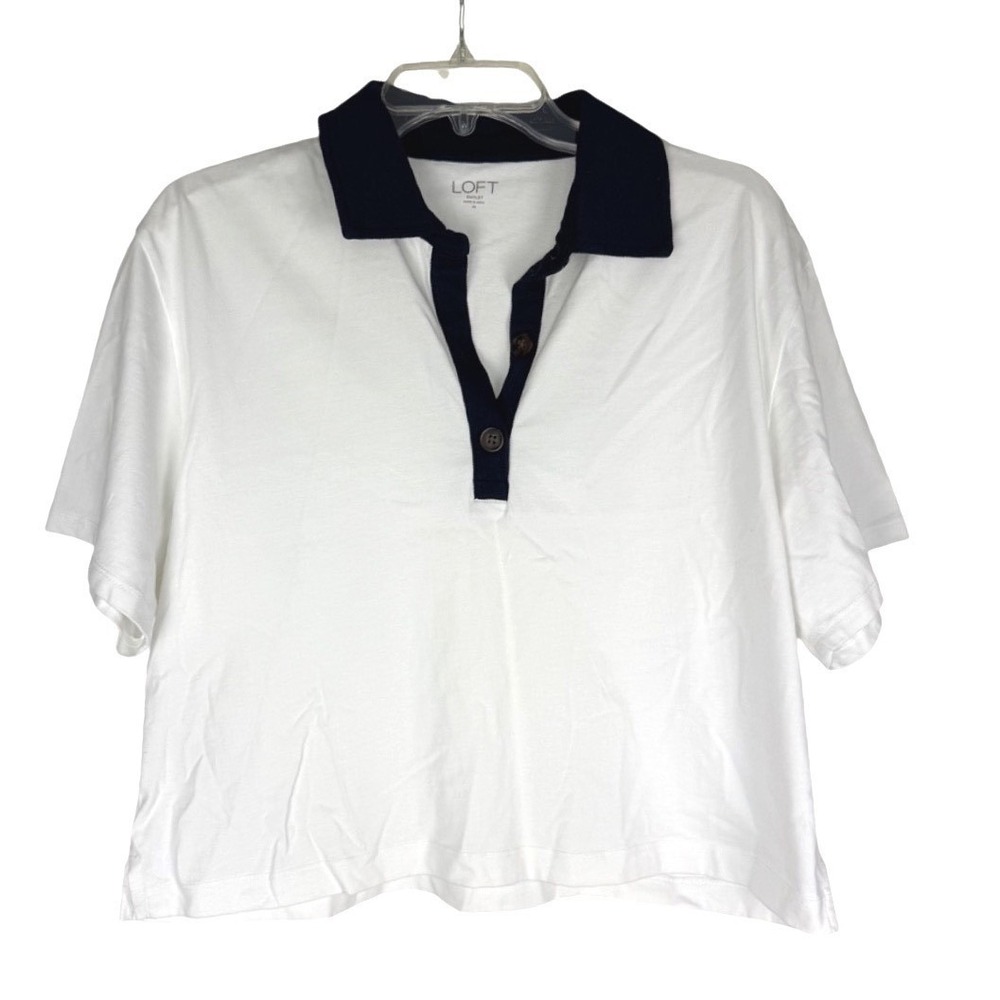 LOFT Polo Top Womens Medium White Navy Short Sleeve Preppy Coastal Old Money